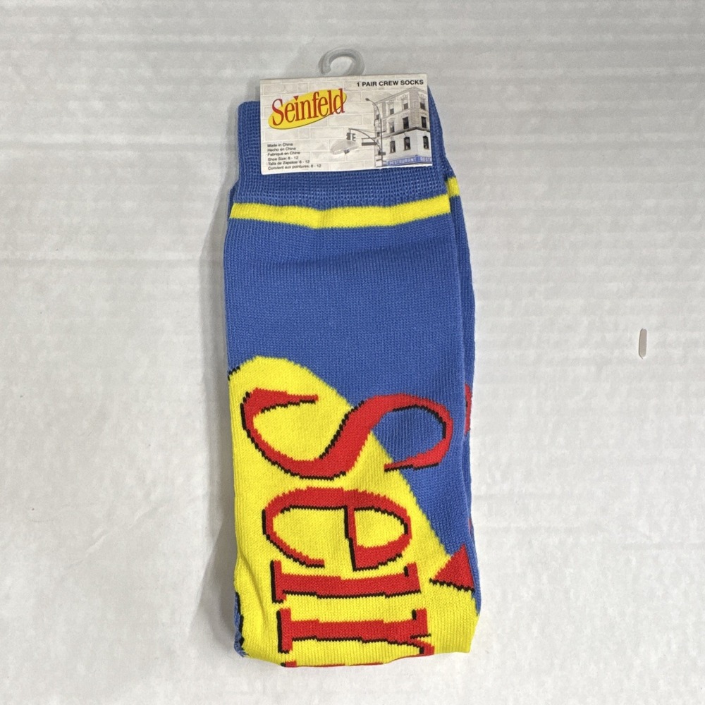Seinfeld Logo Crew Socks Mens Blue Yellow Red 90s Sitcom TV Show Novelty 6-12